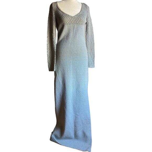 1960s VINTAGE | Unique Light Blue and Gold Knit Long Sleeve Gown | Aprox Small - Picture 1 of 8